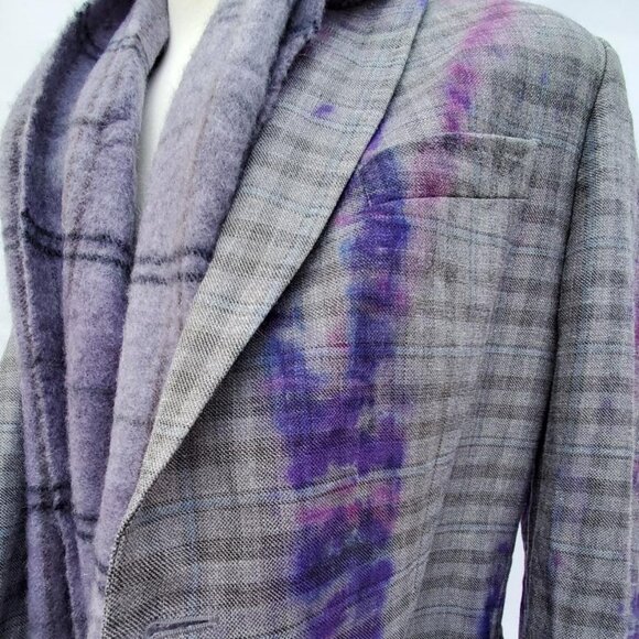 Sport Coat Blazer suit coat Black Purple blue gray Tie Dyed 46 XL Large plaid